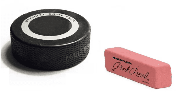 hockey puck and pencil eraser